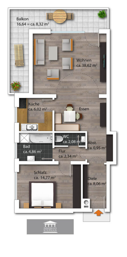Helle 2-Zi.-Whg. mit Bergblick und umlaufendem Balkon – Wohnpotenzial in TOP Lage - Grundriss möbliert