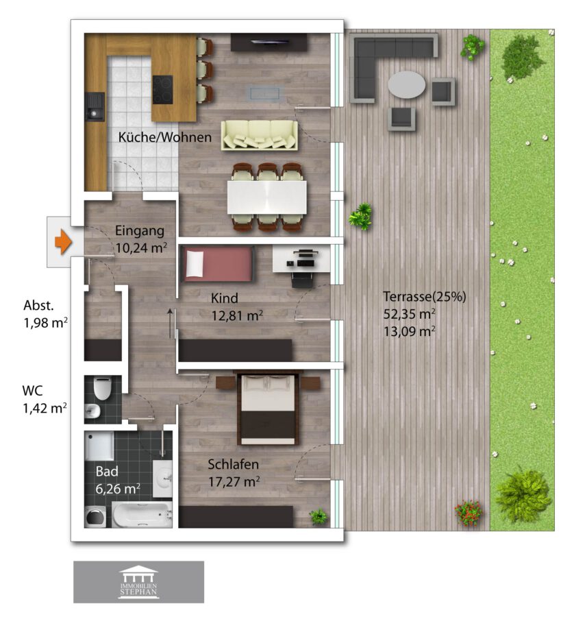 Charmante 3-Zi.-Whg. mit Garten in Süd-Ost-Ausrichtung in parkähnlicher Anlage - Grundriss Möblierungsbeispiel