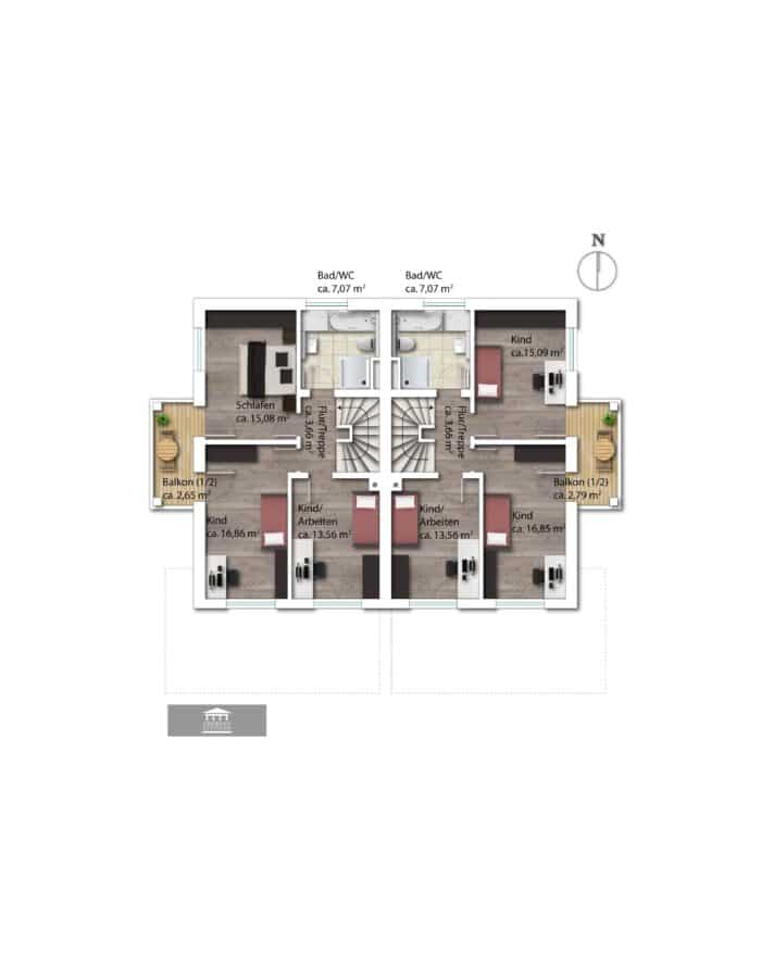 Moderne Neubau Doppelhaushälften mit Ausbaureserve, fußläufig zum Ortskern sowie zum Chiemsee - Grundriss OG Variante 1