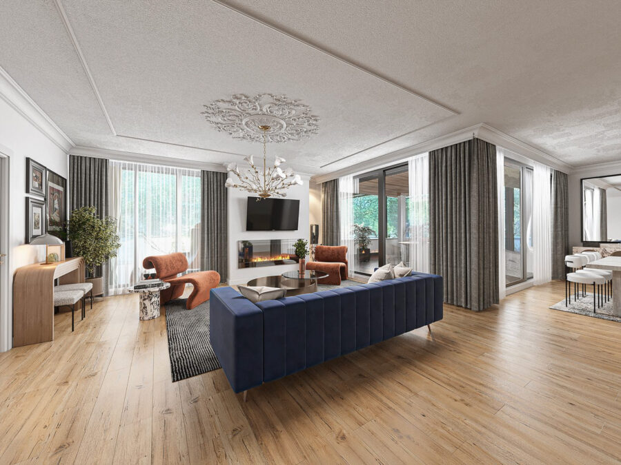 Penthouse in absolut ruhiger und elitärer Lage umgeben von altem Baumbestand - Wohnzimmer visualisiert