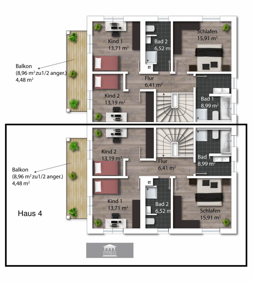 Moderne Neubau Doppelhaushälften mit durchdachten Grundrissen in Chiemseenähe - Grundriss OG Haus 4 möbliert