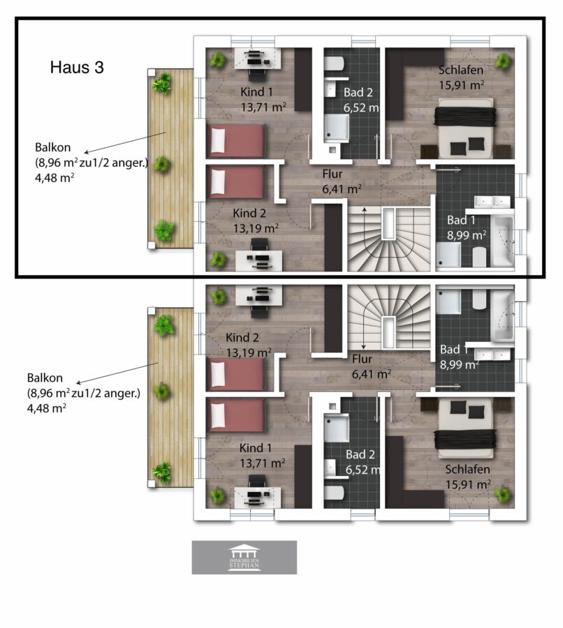Moderne Neubau Doppelhaushälften mit durchdachten Grundrissen in Chiemseenähe - Grundriss OG Haus 3 möbliert