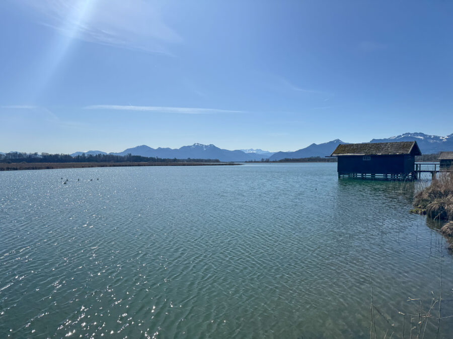 Verkauf gegen Gebot - Kernsaniertes EFH mit See- und Bergblick, Chiemseeperle sucht neuen Besitzer! - Ausblick von der Badeplattform
