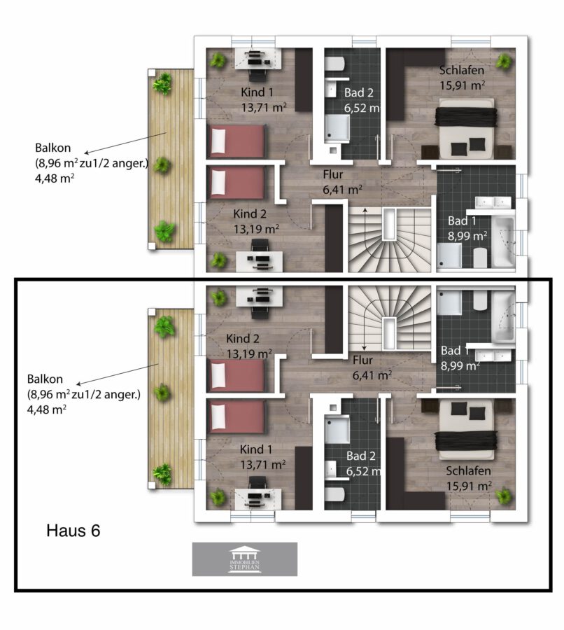 Moderne Neubau Doppelhaushälften mit durchdachten Grundrissen in Chiemseenähe - Grundriss OG Haus 6 möbliert