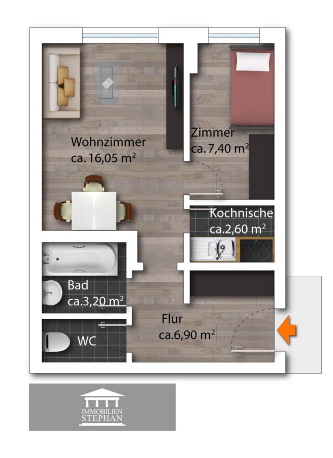 Attraktive Kapitalanlage: 1,5-Zimmer-Wohnung mit Garage in Top-Lage - Grundriss möbliert